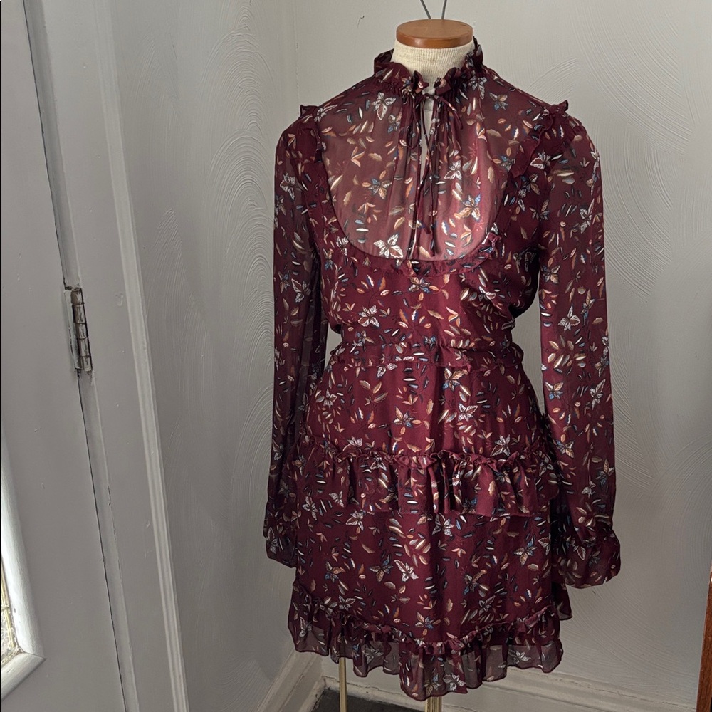 NICHOLAS Burgundy Floral silk sheer Dress sz 6